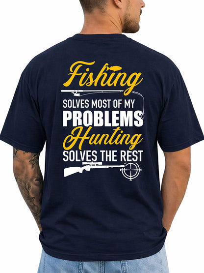 Navy T-shirt back with yellow and white fishing and hunting slogan graphic