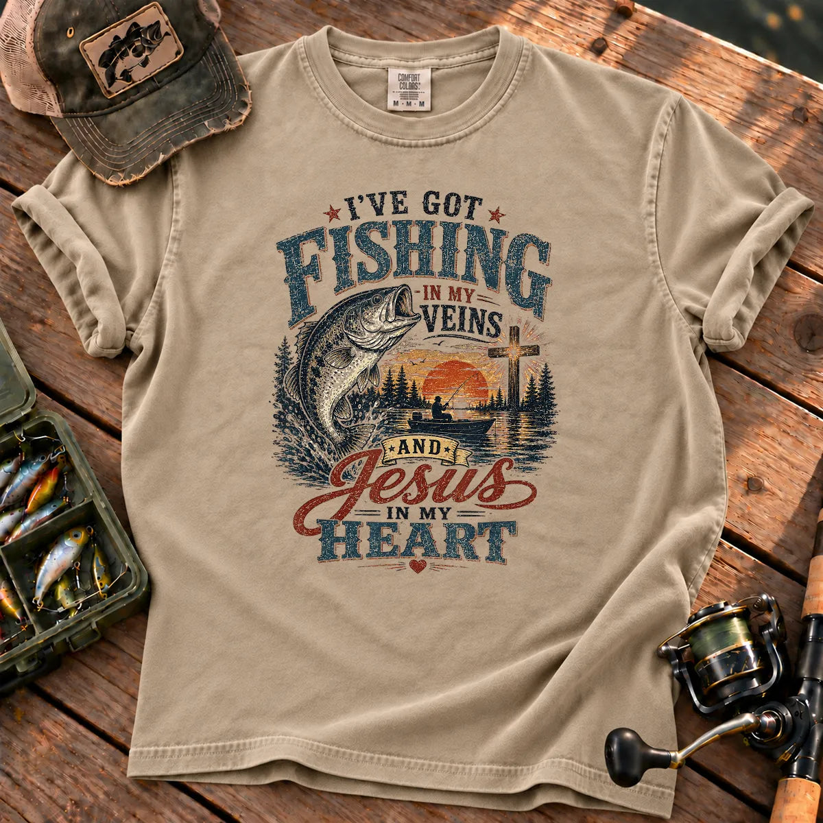 Fishing in My Veins and Jesus in My Heart T-Shirt in Sandstone