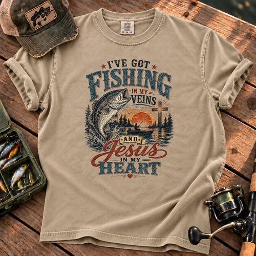 Fishing in My Veins and Jesus in My Heart T-Shirt in Sandstone