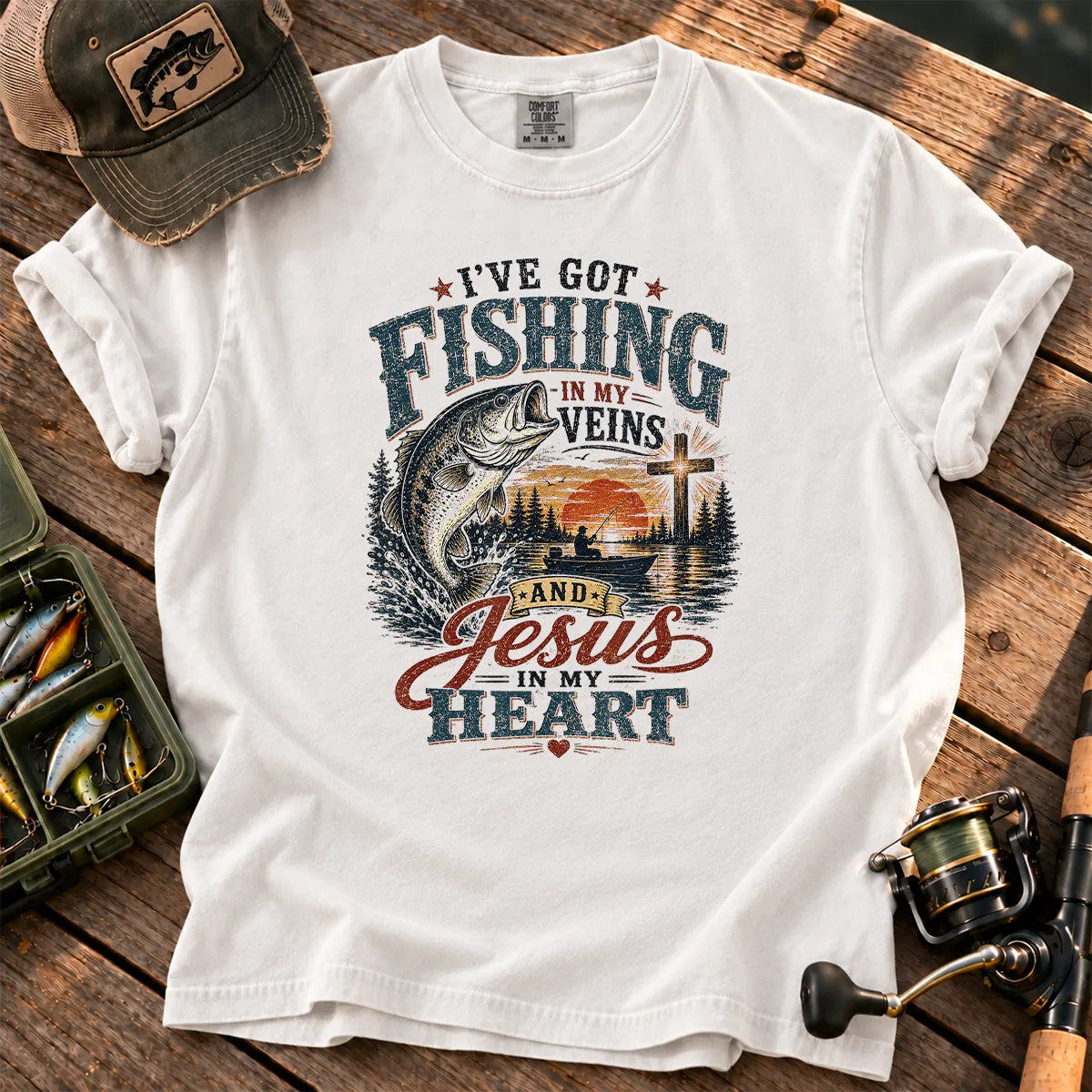 Fishing in My Veins and Jesus in My Heart T-Shirt in White