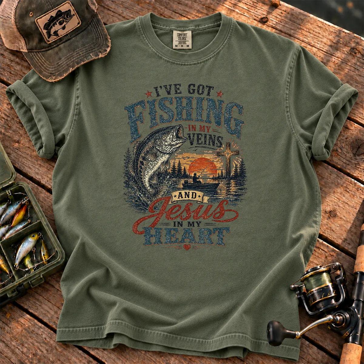 Fishing in My Veins and Jesus in My Heart T-Shirt in Moss