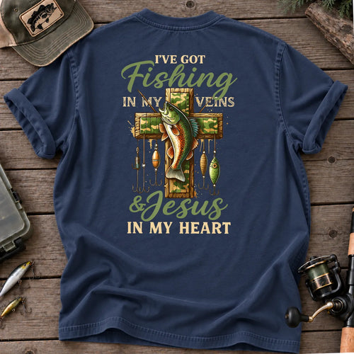 Fishing in My Veins Jesus in My Heart T-Shirt in True Navy