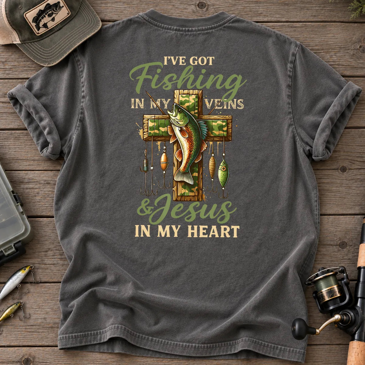 Fishing in My Veins Jesus in My Heart T-Shirt in Pepper
