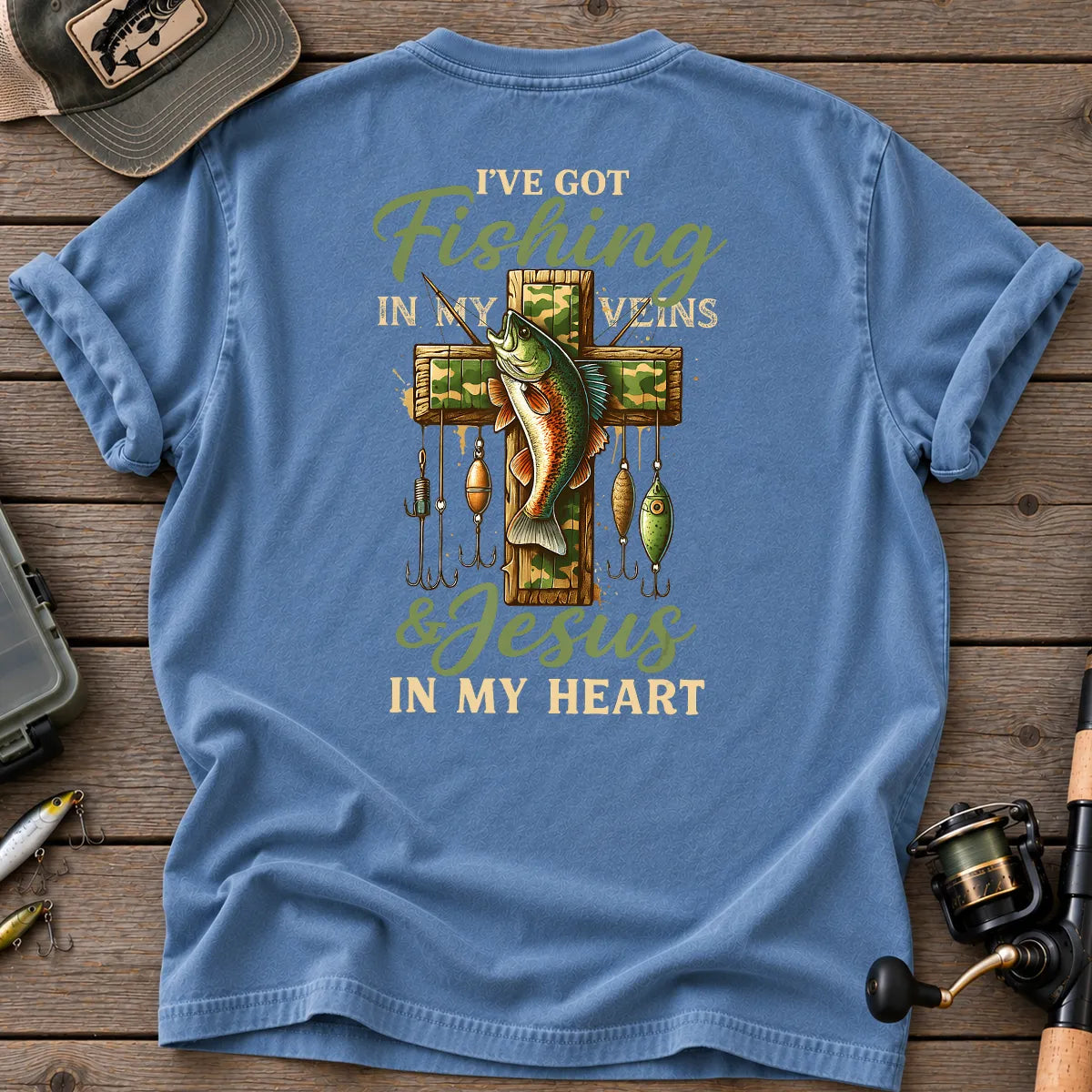 Fishing in My Veins Jesus in My Heart T-Shirt in Blue Jean