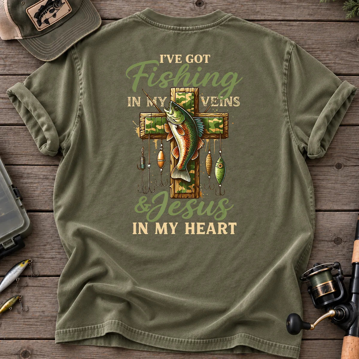 Fishing in My Veins Jesus in My Heart T-Shirt in Moss