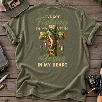 Fishing in My Veins Jesus in My Heart T-Shirt in Moss