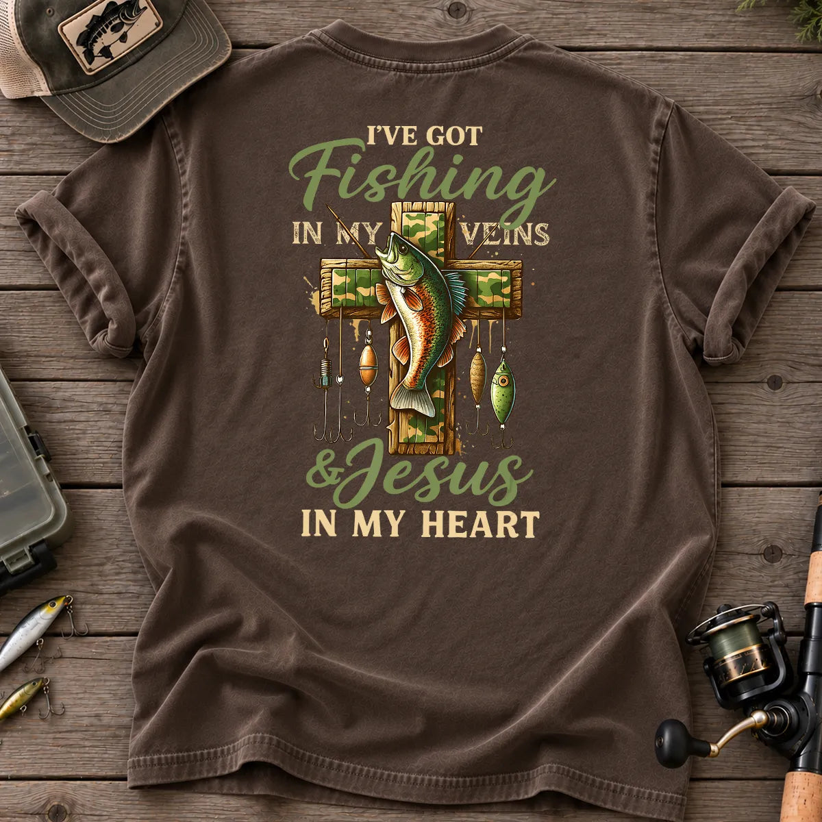 Fishing in My Veins Jesus in My Heart T-Shirt in Espresso