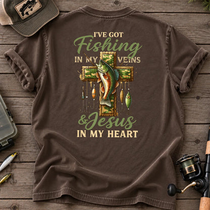 Fishing in My Veins Jesus in My Heart T-Shirt in Espresso