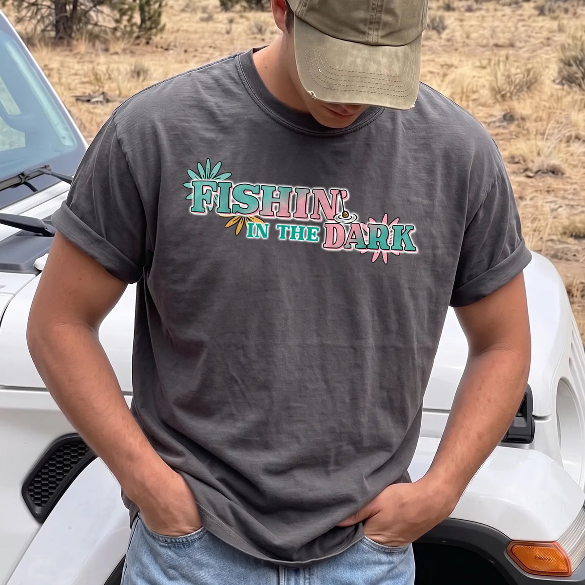 Fishing in the Dark T-Shirt Men model in Pepper