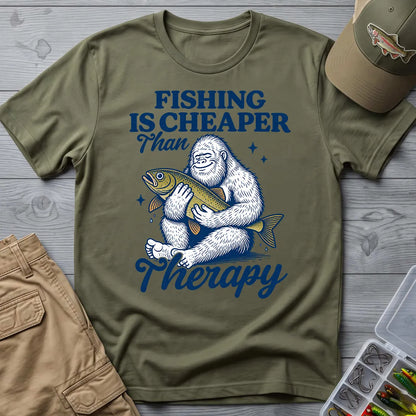 Fishing Is Cheaper Than Therapy T-Shirt in Military Green