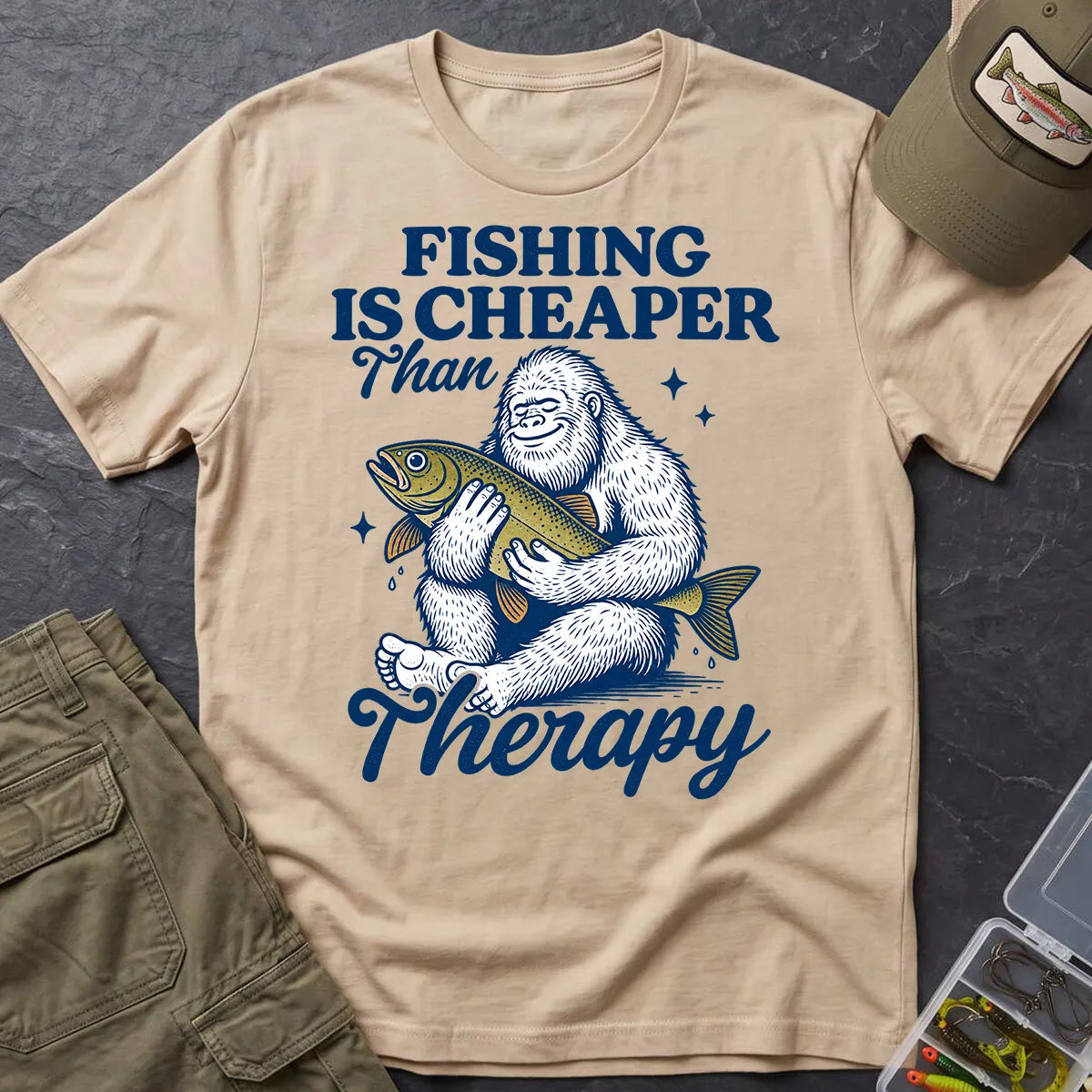 Fishing Is Cheaper Than Therapy T-Shirt in Sand