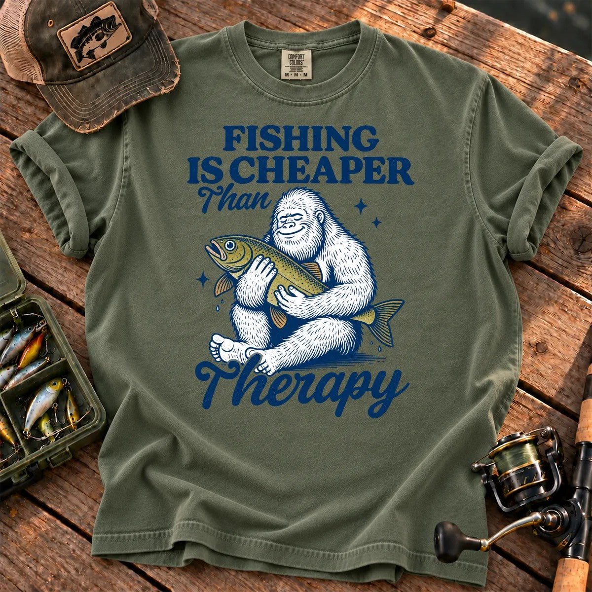 Fishing Is Cheaper Than Therapy T-Shirt in Moss
