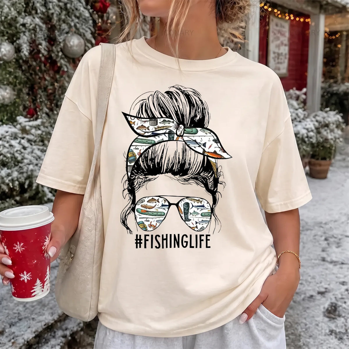 Fishing Life Mom T-Shirt Women model in Ivory