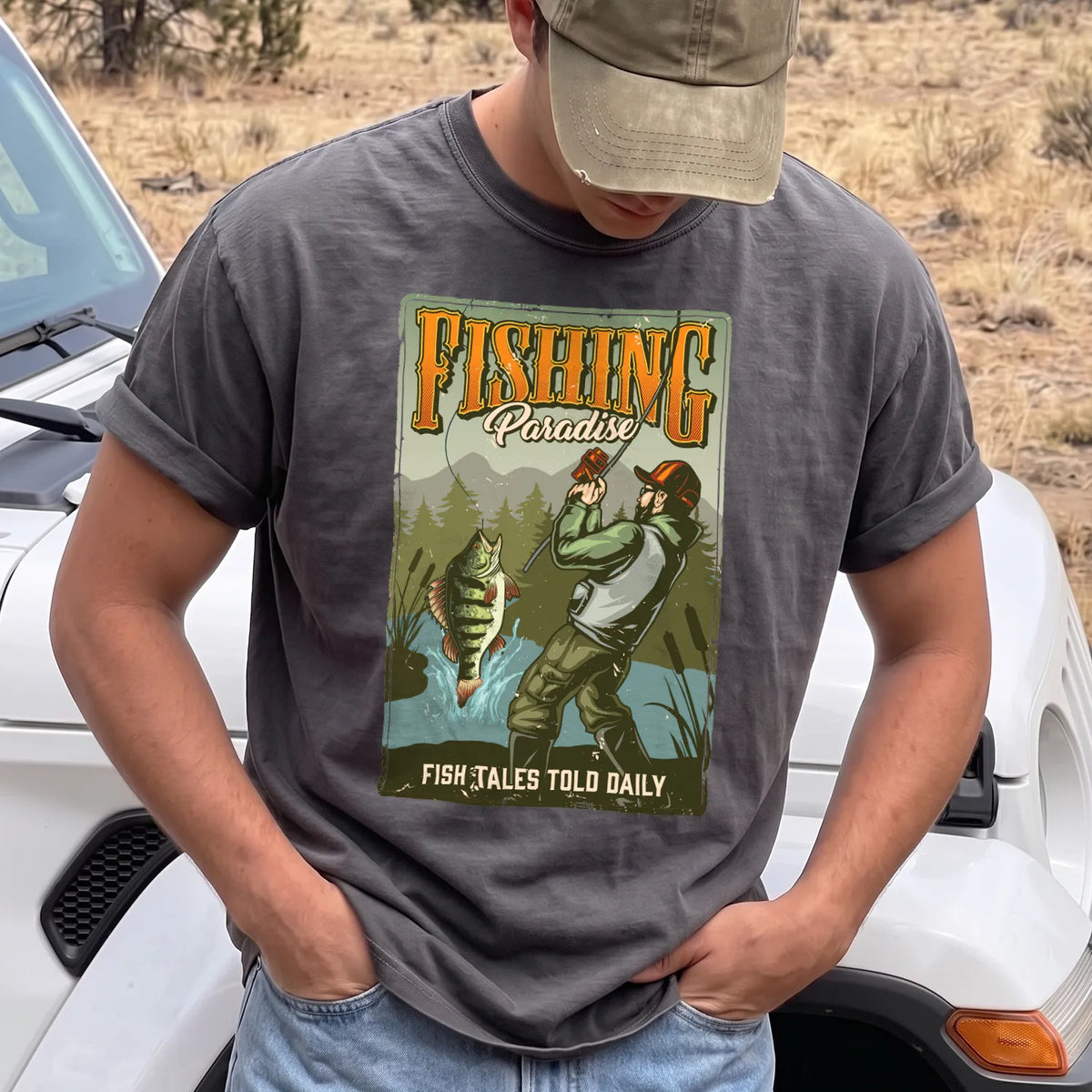 Fishing Paradise T-Shirt Men model in Pepper