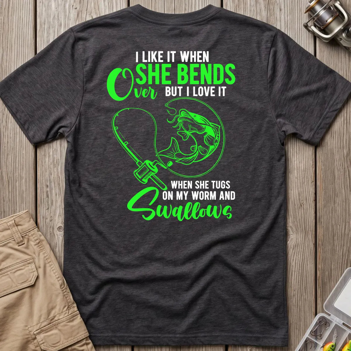 Fishing Rod Bend Joke T-Shirt in Dark Heather