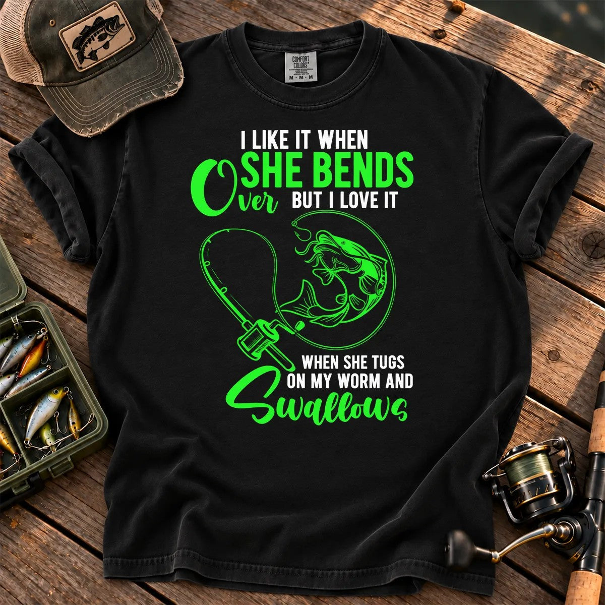 Fishing Rod Bend Joke T-Shirt in Black