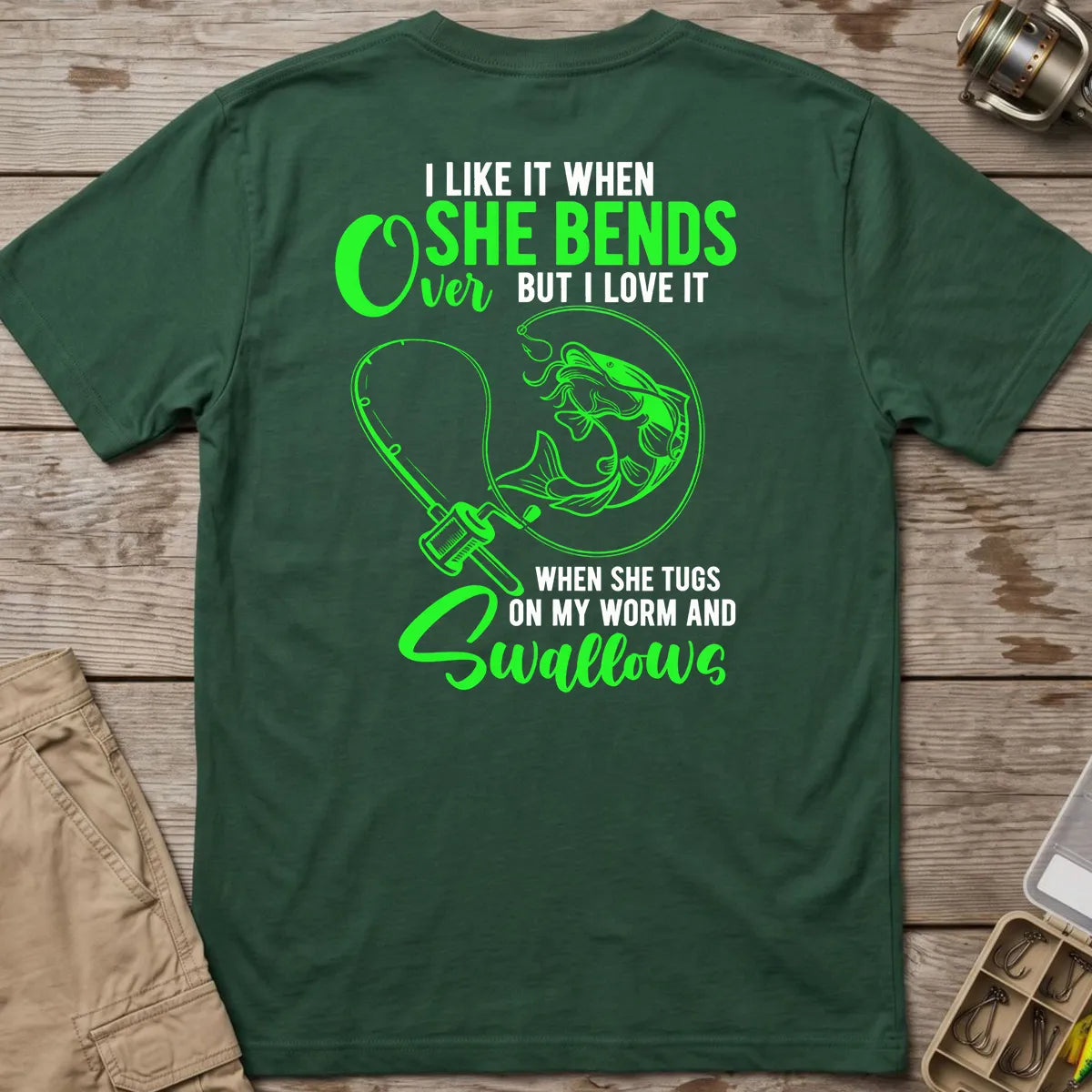 Fishing Rod Bend Joke T-Shirt in Forest Green