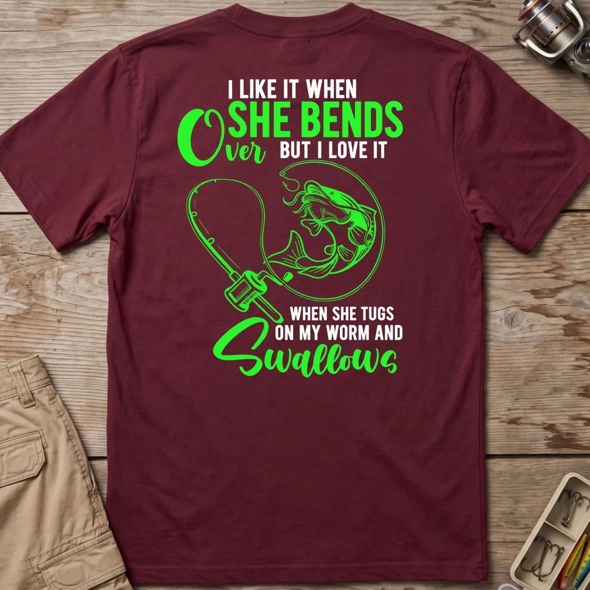 Fishing Rod Bend Joke T-Shirt in Maroon