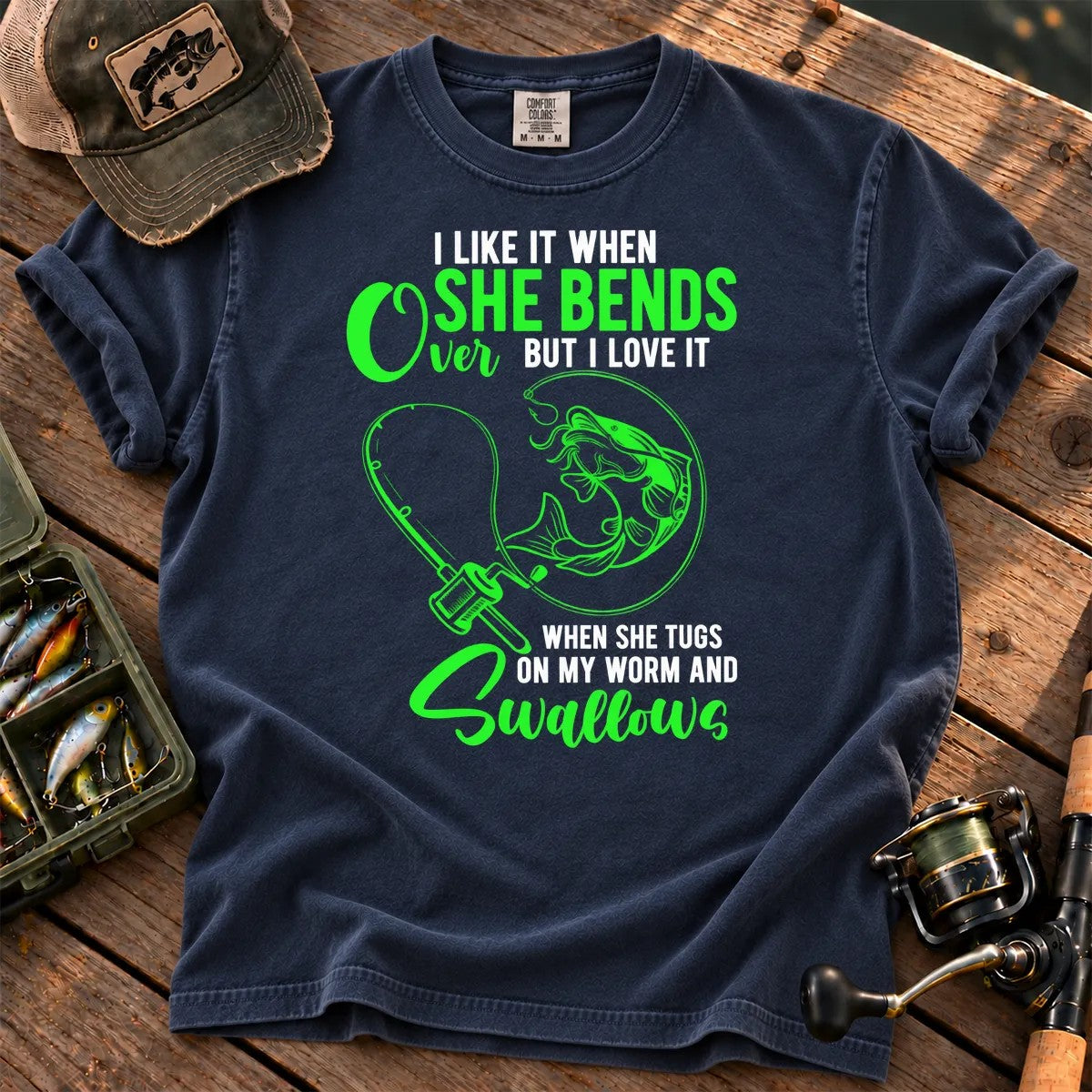 Fishing Rod Bend Joke T-Shirt in True Navy