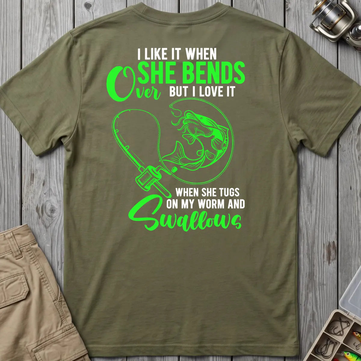 Fishing Rod Bend Joke T-Shirt in Military Green