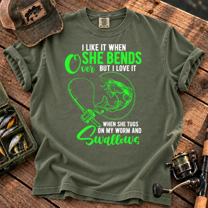 Fishing Rod Bend Joke T-Shirt in Moss