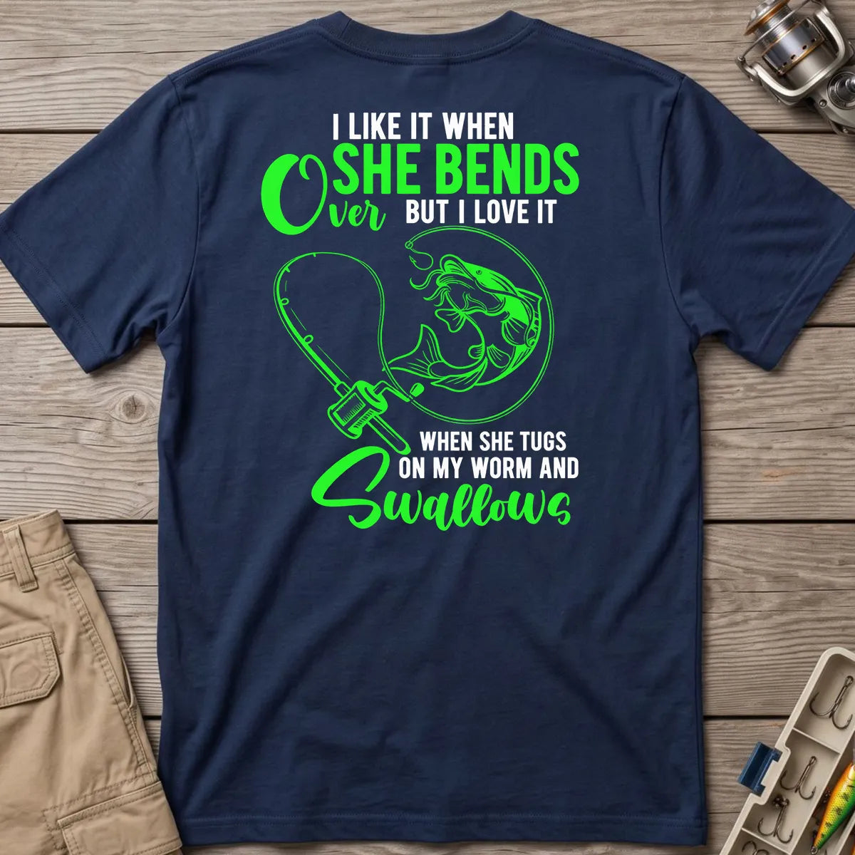 Fishing Rod Bend Joke T-Shirt in Navy