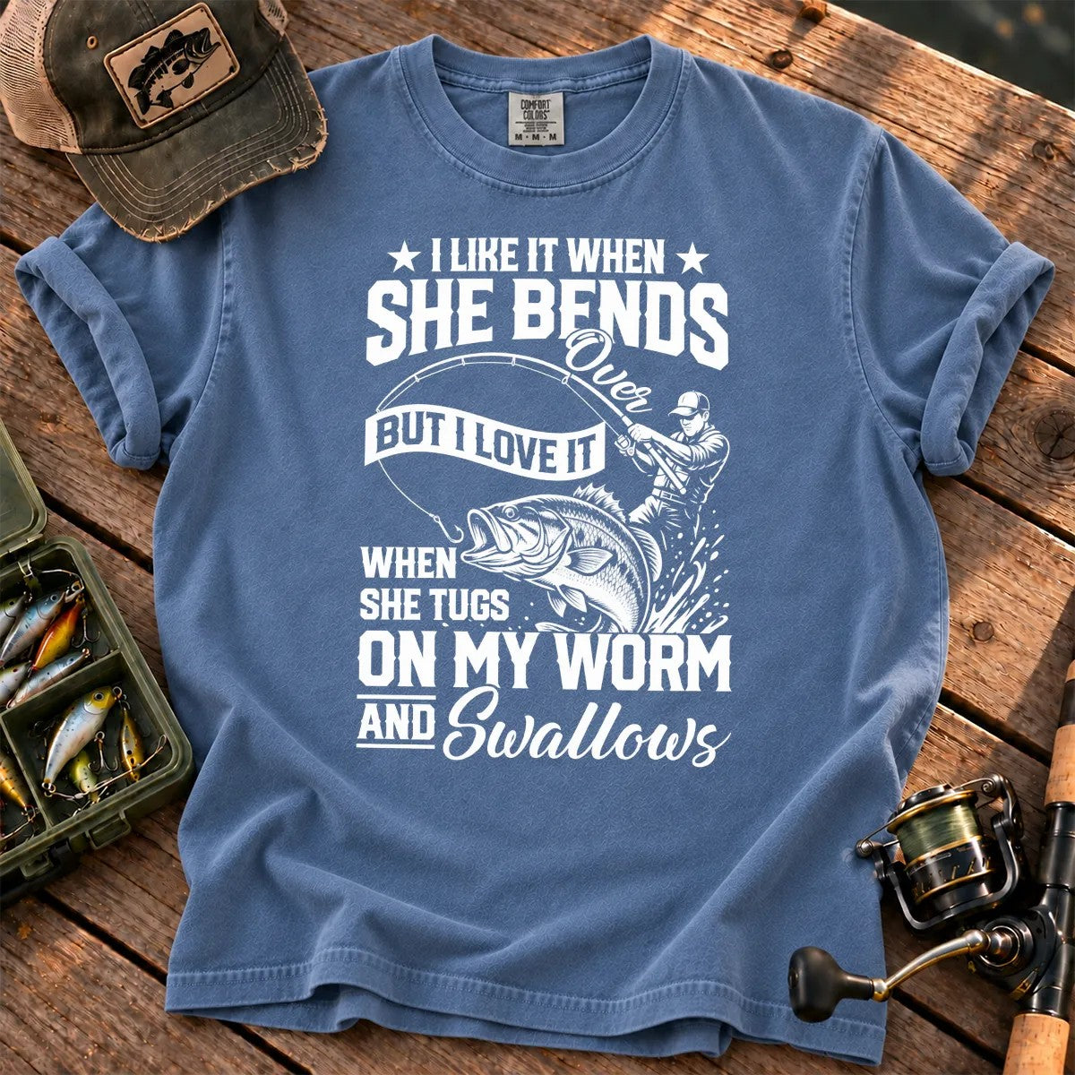 Fishing Rod Bend Joke Vintage T-Shirt in Blue Jean