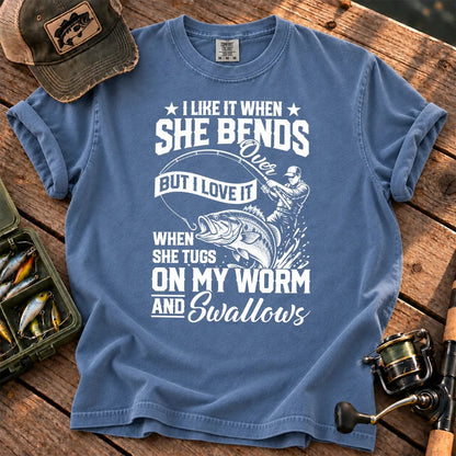 Fishing Rod Bend Joke Vintage T-Shirt in Blue Jean