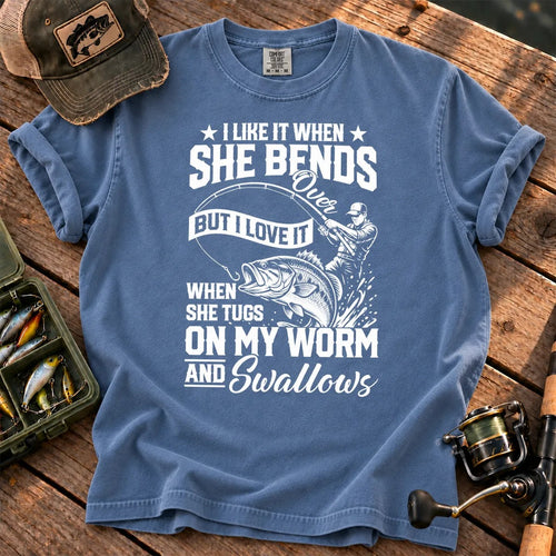 Fishing Rod Bend Joke Vintage T-Shirt in Blue Jean