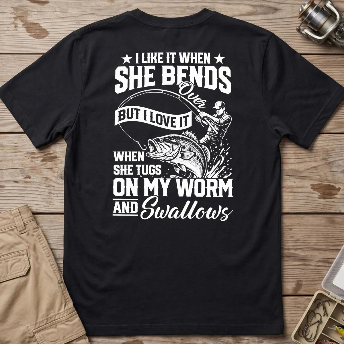 Fishing Rod Bend Joke Vintage T-Shirt in Black