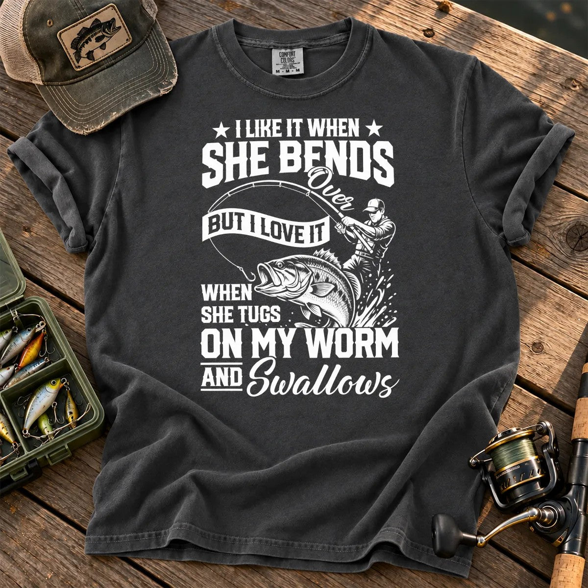 Fishing Rod Bend Joke Vintage T-Shirt in Pepper