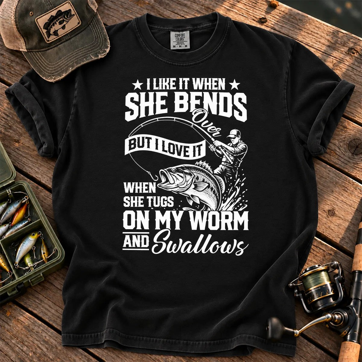 Fishing Rod Bend Joke Vintage T-Shirt in Black