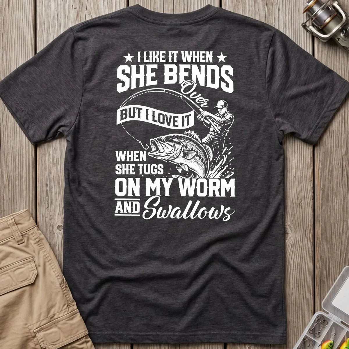 Fishing Rod Bend Joke Vintage T-Shirt in Dark Heather