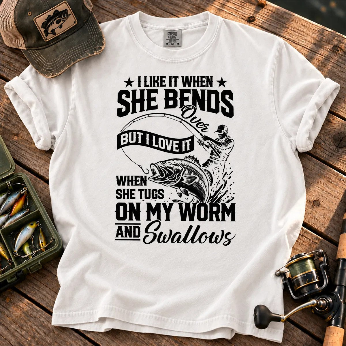Fishing Rod Bend Joke Vintage T-Shirt in White
