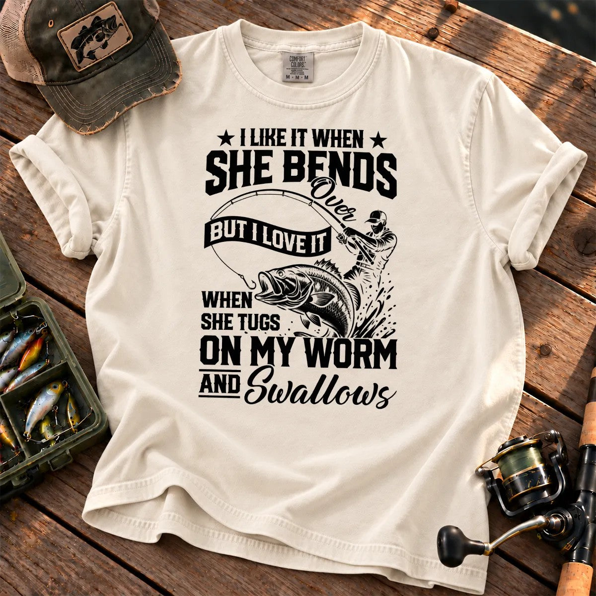 Fishing Rod Bend Joke Vintage T-Shirt in Ivory