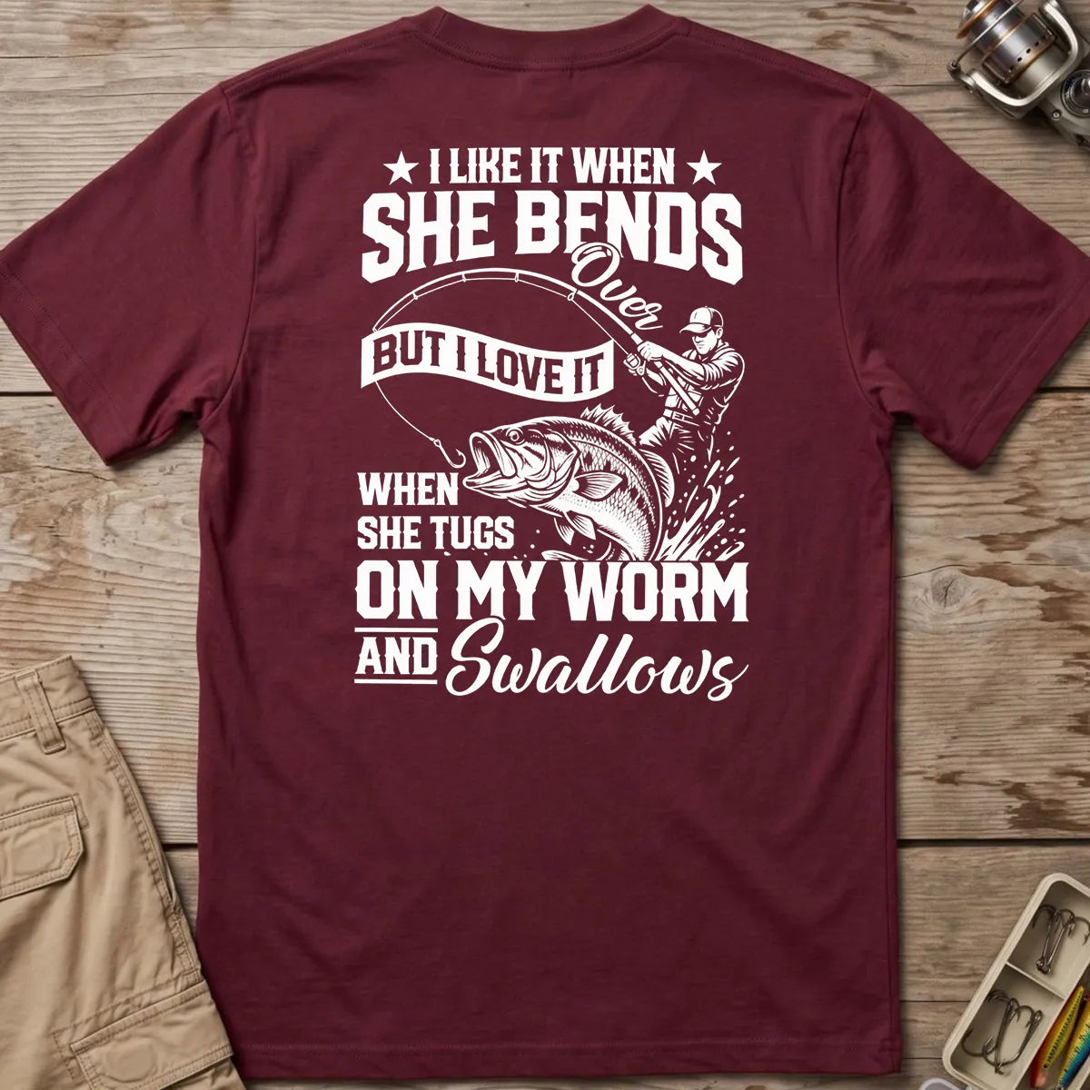 Fishing Rod Bend Joke Vintage T-Shirt in Maroon