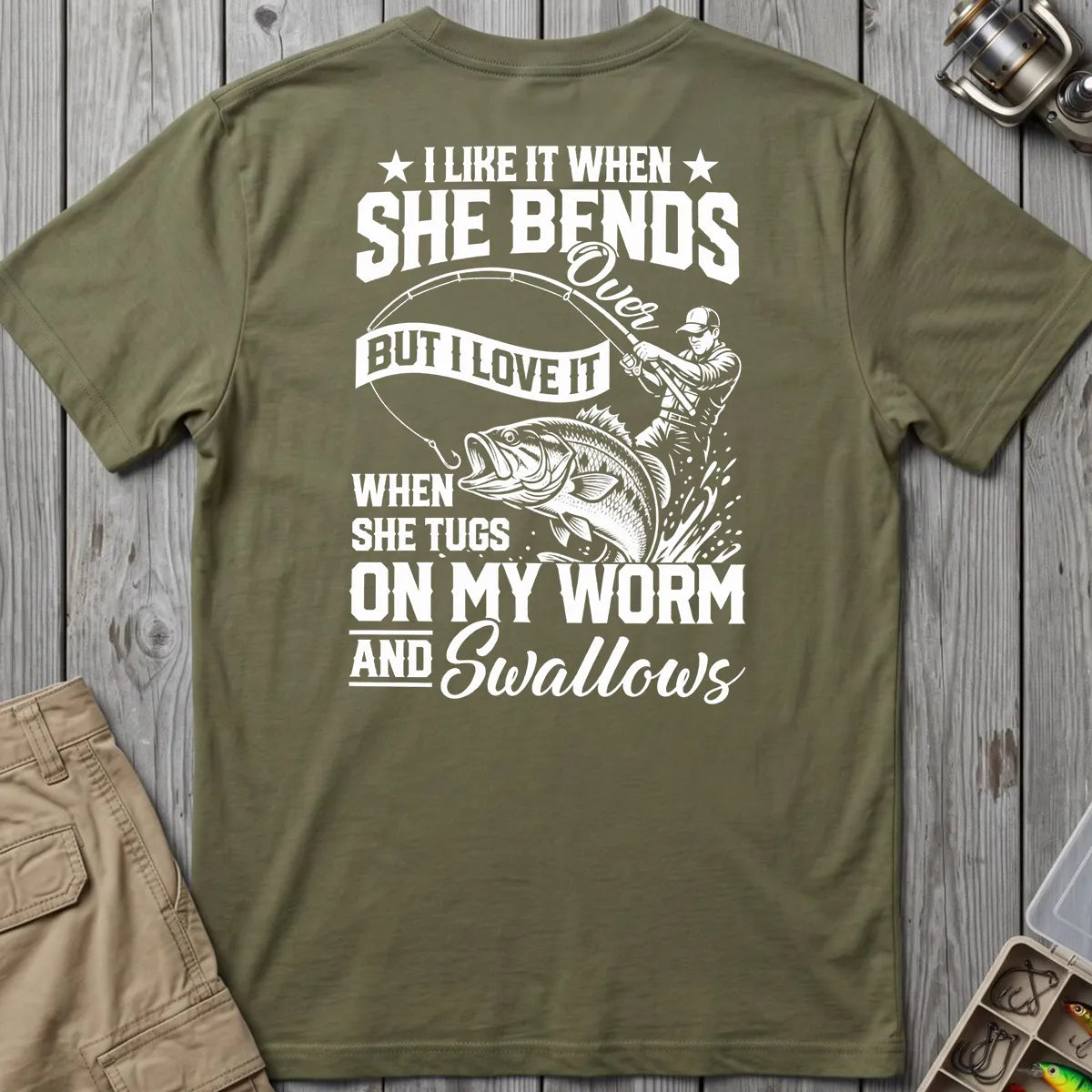 Fishing Rod Bend Joke Vintage T-Shirt in Military Green