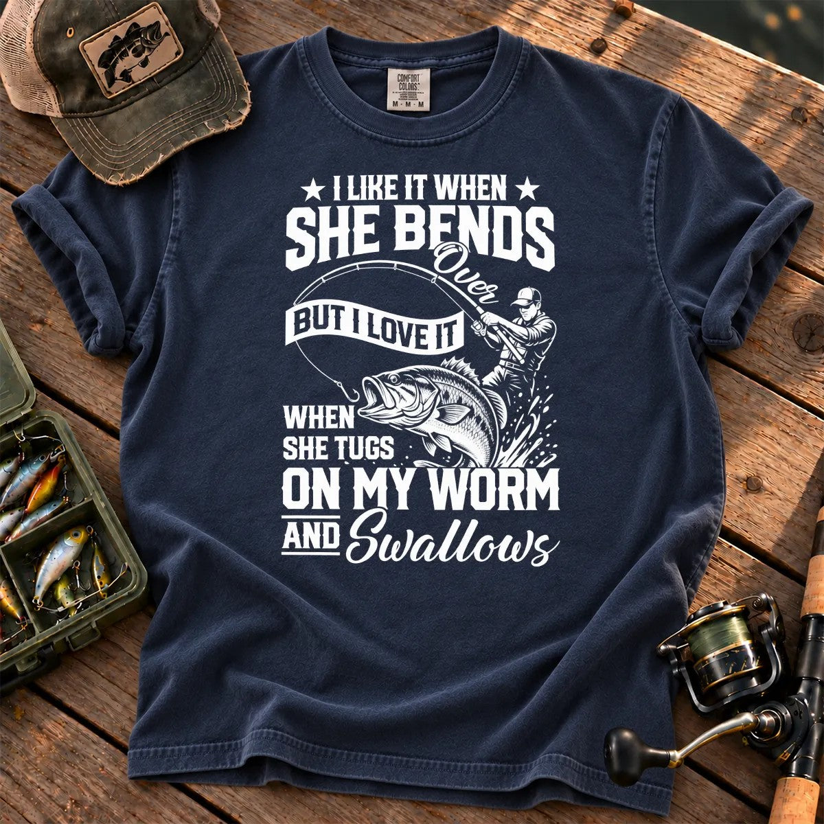 Fishing Rod Bend Joke Vintage T-Shirt in True Navy