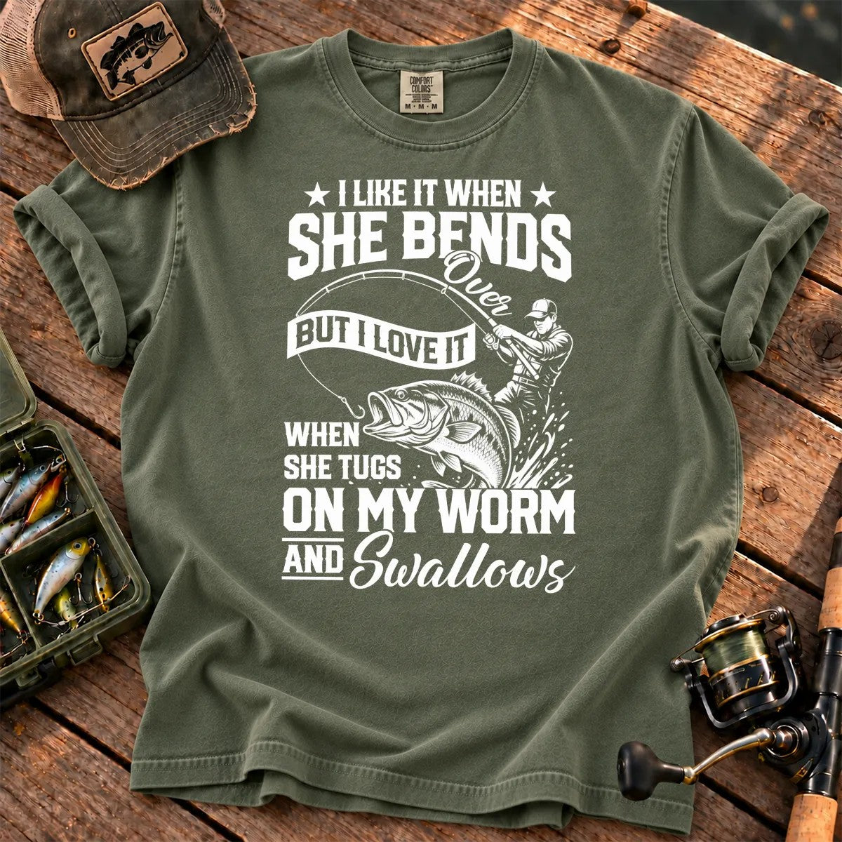 Fishing Rod Bend Joke Vintage T-Shirt in Moss