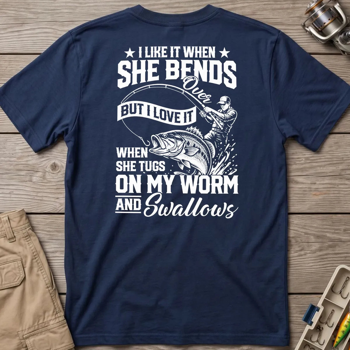 Fishing Rod Bend Joke Vintage T-Shirt in Navy