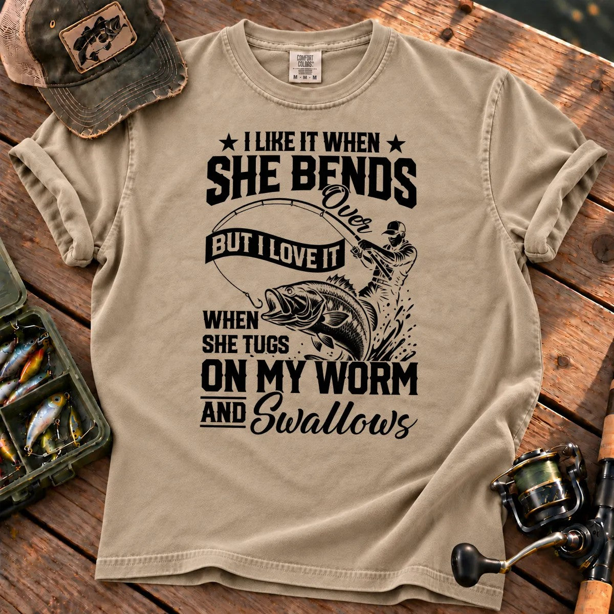 Fishing Rod Bend Joke Vintage T-Shirt in Sandstone