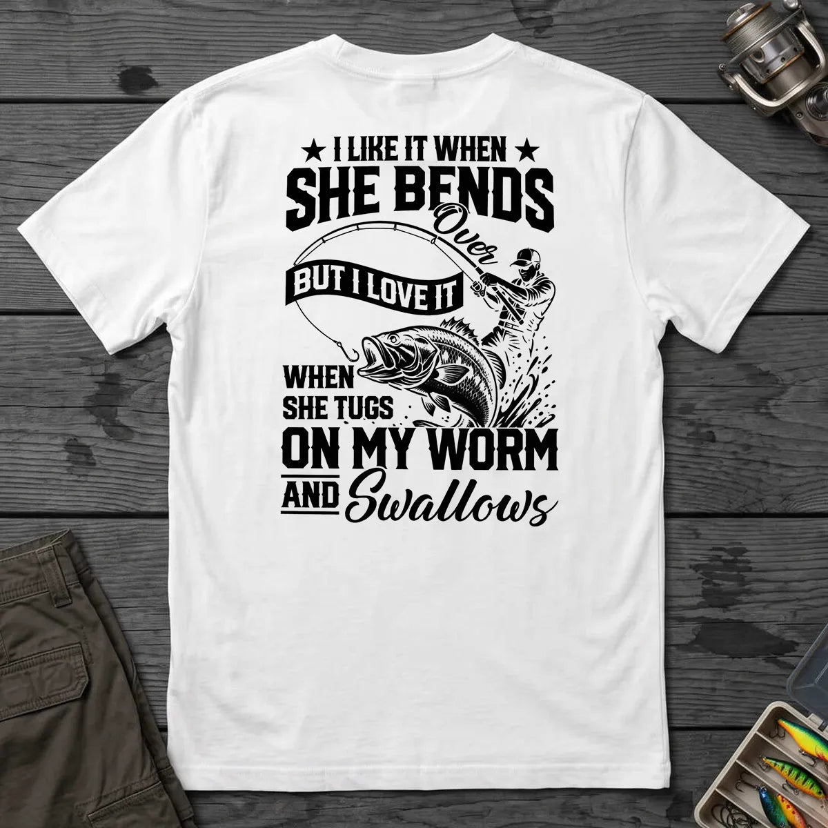 Fishing Rod Bend Joke Vintage T-Shirt in White