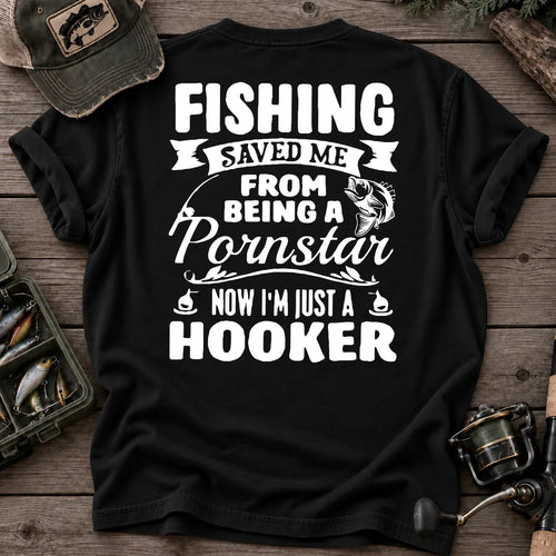 Fishing Saved Me Hooker Bass Badge T-Shirt in Black