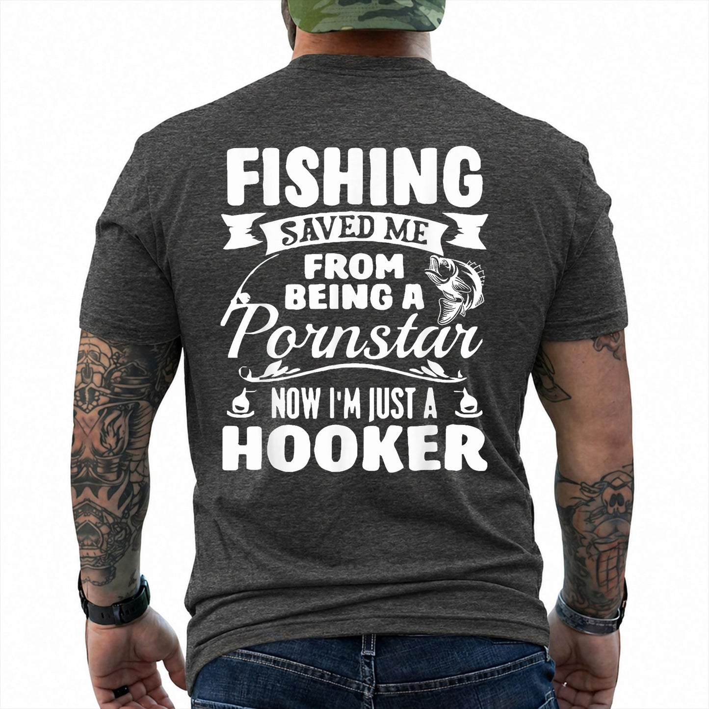 Dark Heather T-shirt back with bass badge, hooks, and adult Fishing Saved Me back joke