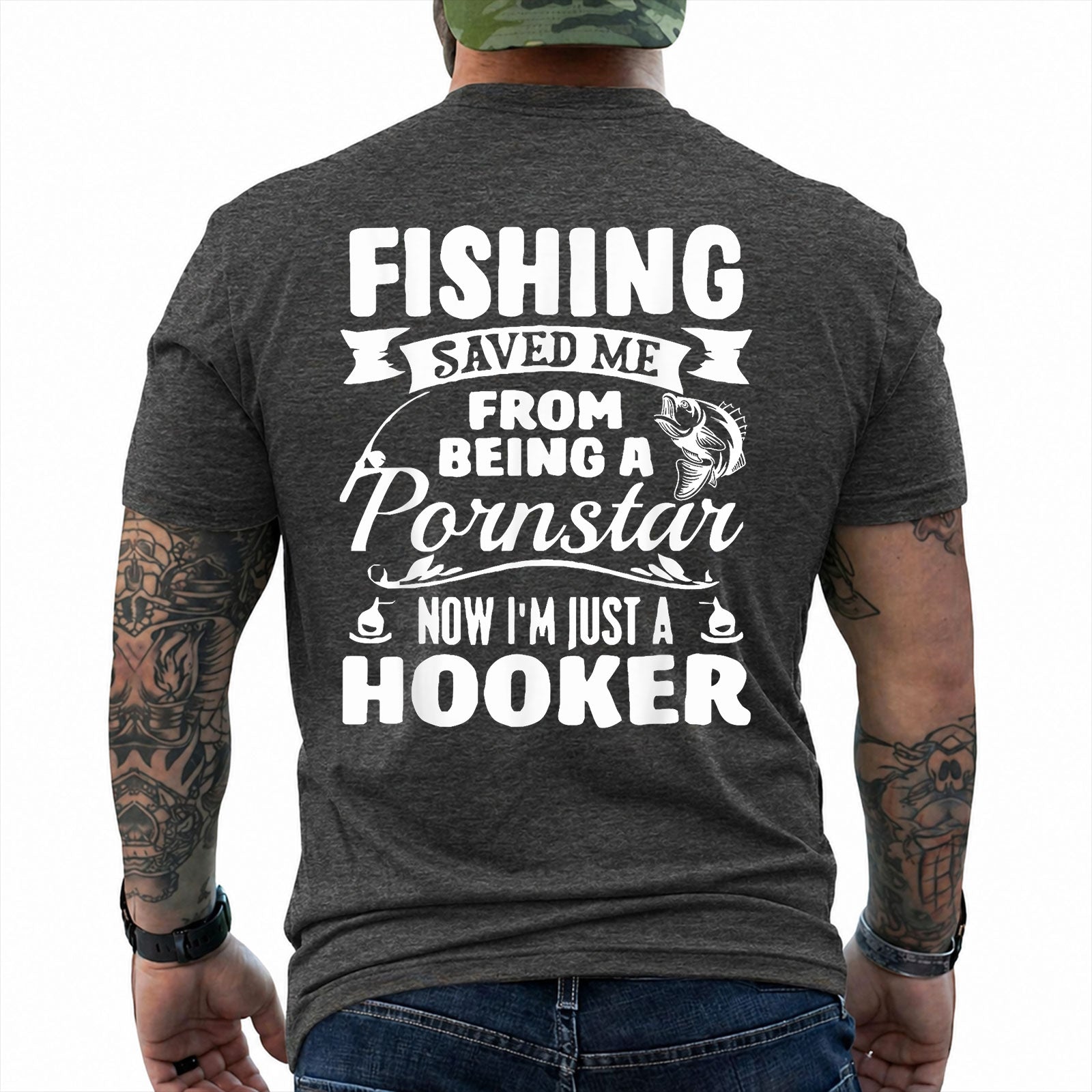 Dark Heather T-shirt back with bass badge, hooks, and adult Fishing Saved Me back joke