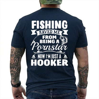 Forest Green T-shirt back with bass badge, hooks, and adult Fishing Saved Me back joke