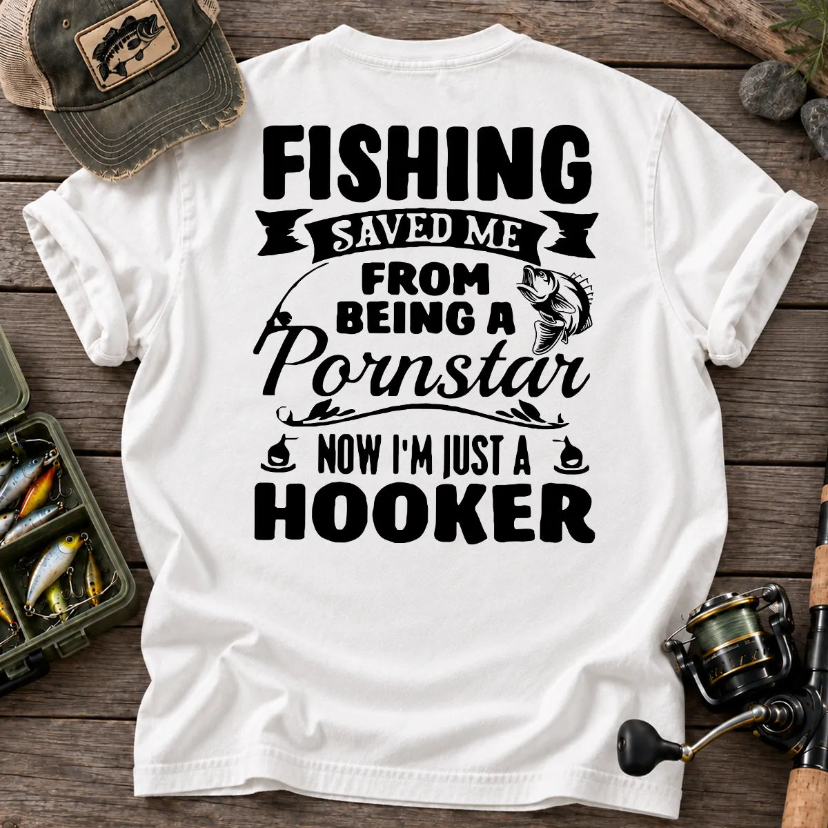 Fishing Saved Me Hooker Bass Badge T-Shirt in White