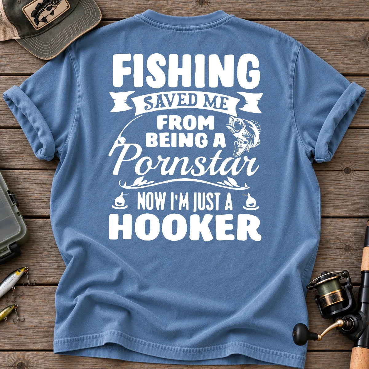 Fishing Saved Me Hooker Bass Badge T-Shirt in Blue Jean
