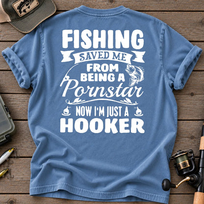 Fishing Saved Me Hooker Bass Badge T-Shirt in Blue Jean