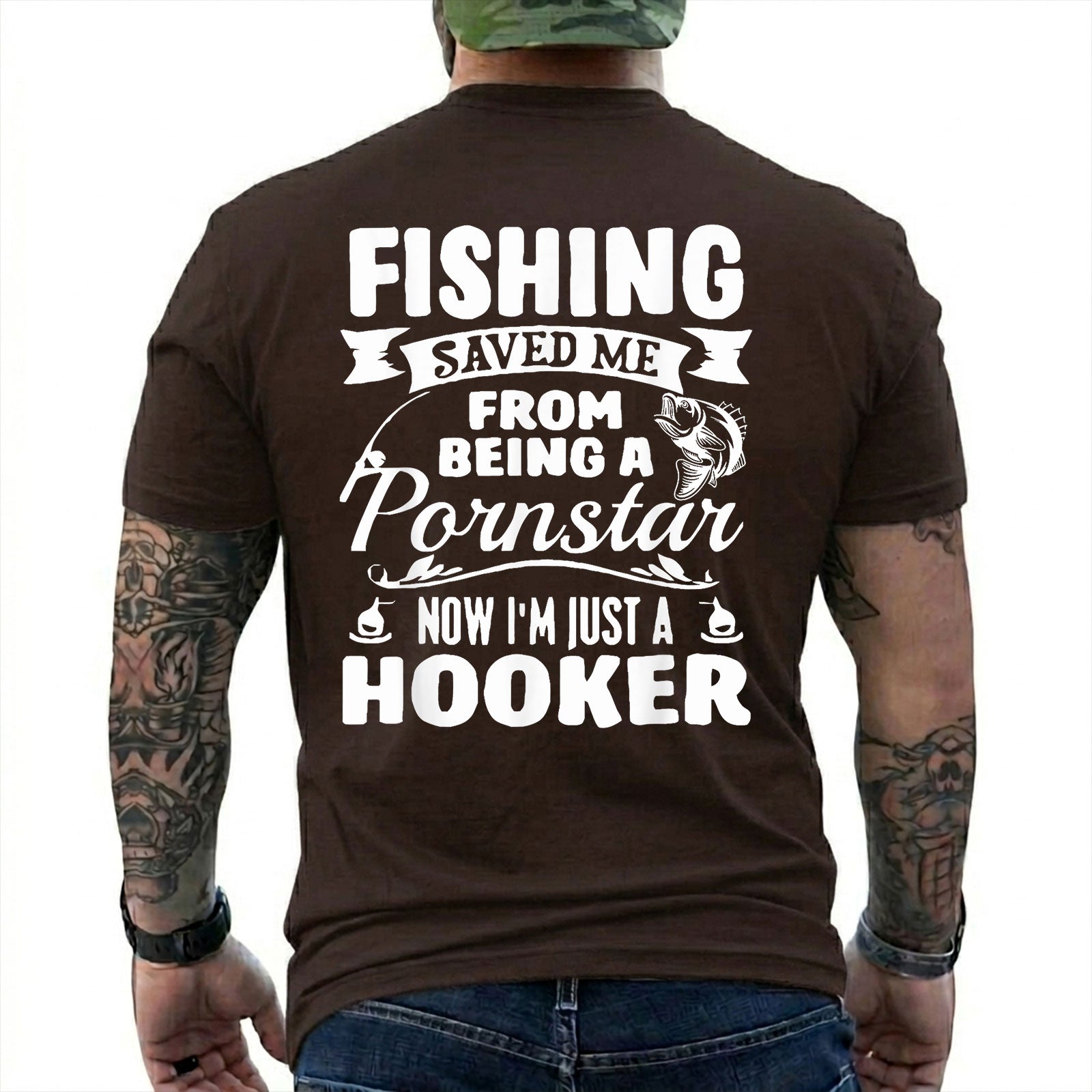 Dark Chocolate T-shirt back with bass badge, hooks, and adult Fishing Saved Me back joke